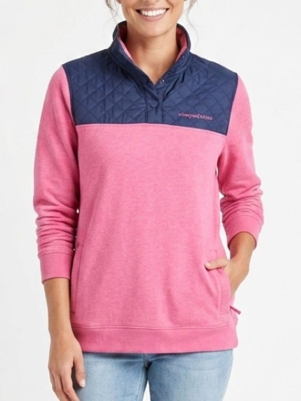 Vineyard Vines Performance Shep Shirt sweatshirt Womens M Pink Navy Quilted Hood